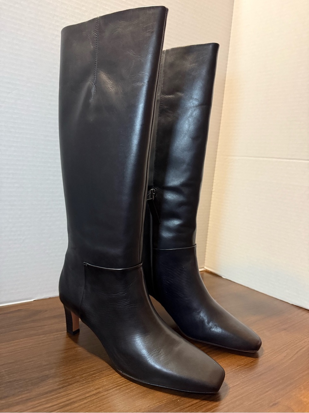 Franco Sarto Genuine Black Leather Tall Kitten Heel Boots Size 9.5